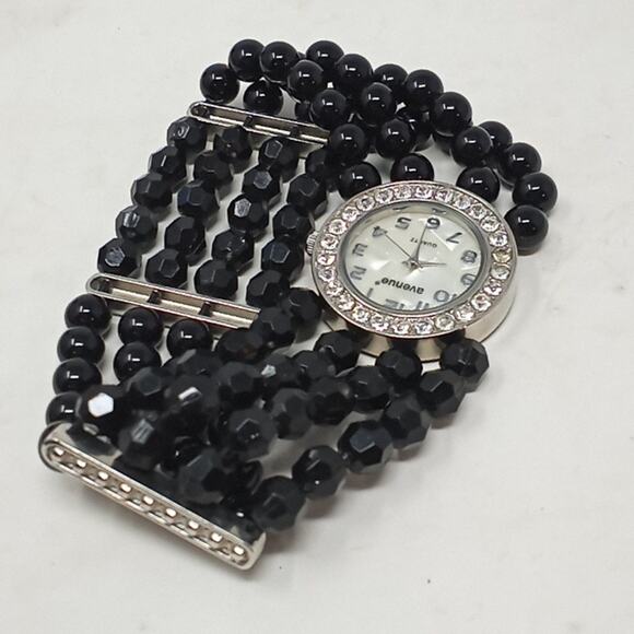 Avenue Womens Black 4 Strand Bead Bracelet Watch Mother of Pearl Face - Picture 3 of 10